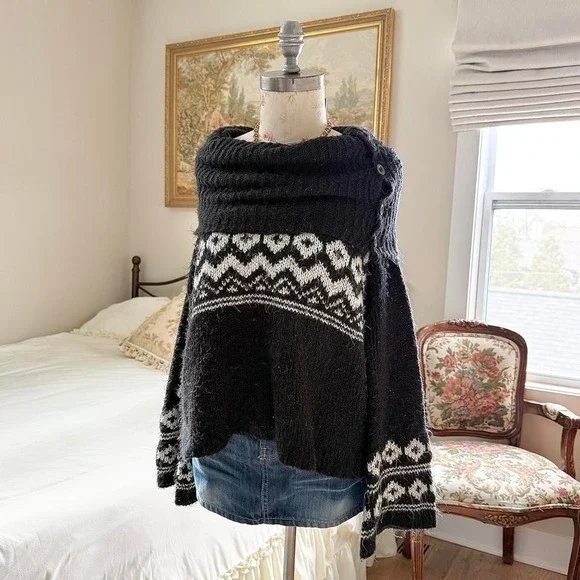 Boho sweater pink republic medium black knit fair isle sweater cozy - Picture 1 of 6